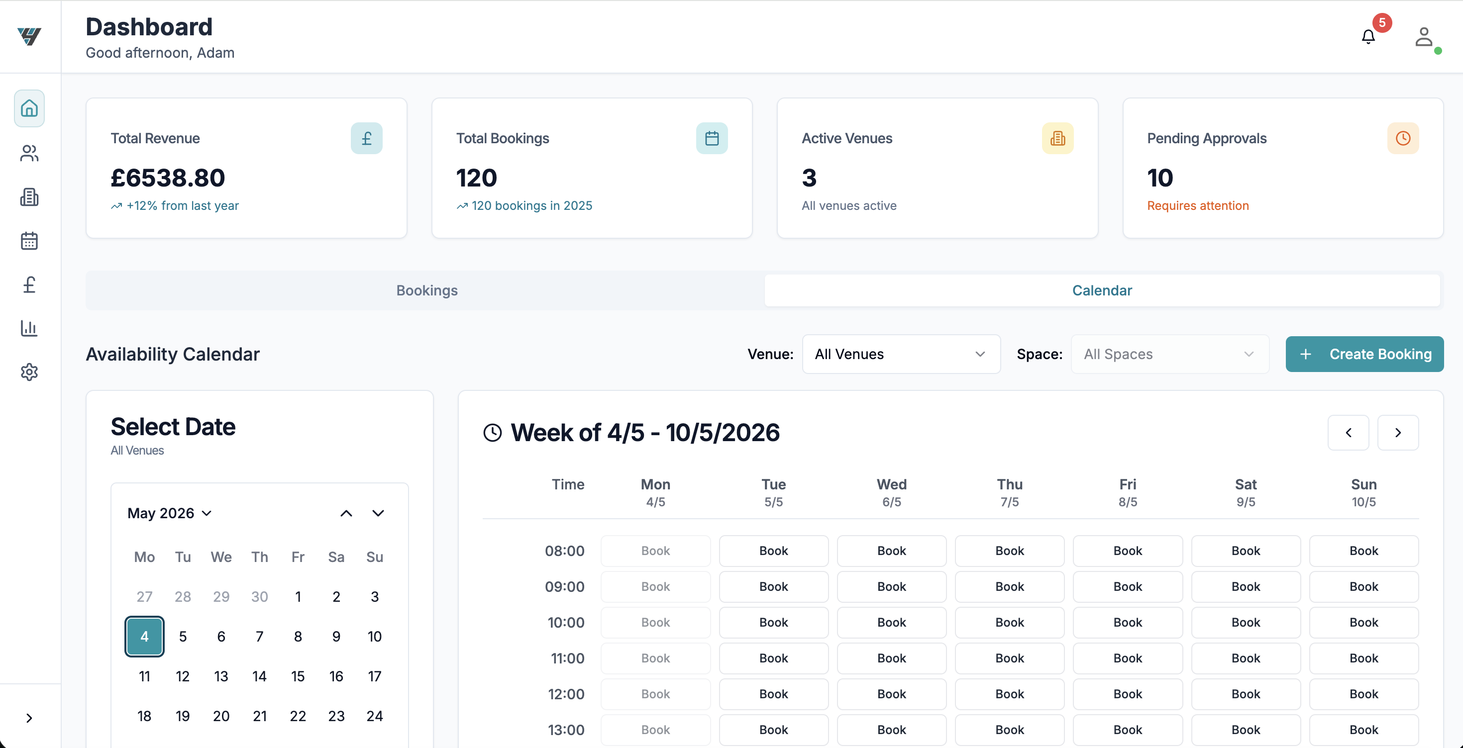 VenuHub Dashboard showing revenue, bookings, venues, and availability calendar